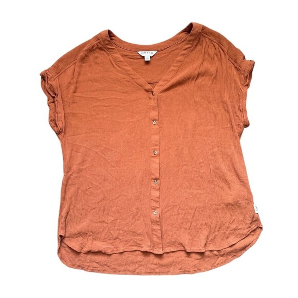 Orvis Women's Large Burnt Orange Rust Woven Crinkle Crape‎ Button Front Blouse